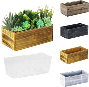 CYS EXCEL Small Natural Light Brown Wood Rectangle Planter with Removable Plastic Liner (H:4" Open:10"x5") Country Rustic Indoor Decorative Box for Flower Succulent