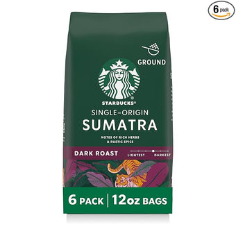 Starbucks Ground Coffee, Dark Roast Hot or Iced Coffee, Single-Origin Sumatra, Six 12 oz Bags