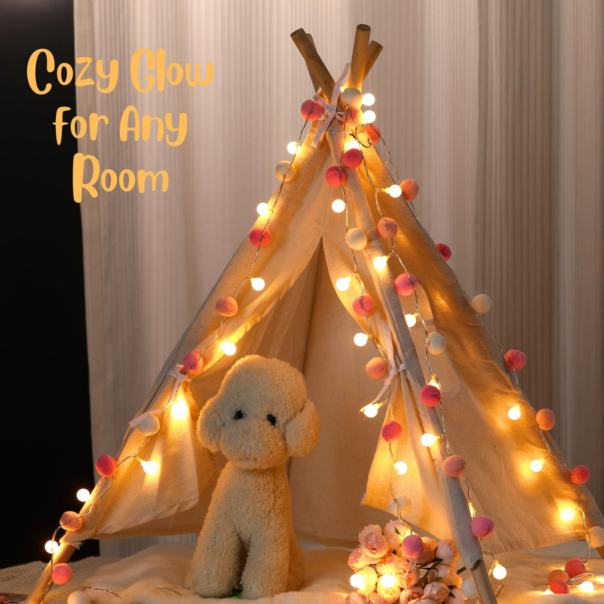 9.84FT Pom Poms Fairy Lights - 30 LED Battery & USB Operated String Lights with Warm White Globe Balls - Cute Indoor Decor for Bedroom Kids Room Playhouse Back to School Birthday Baby Shower - Pink