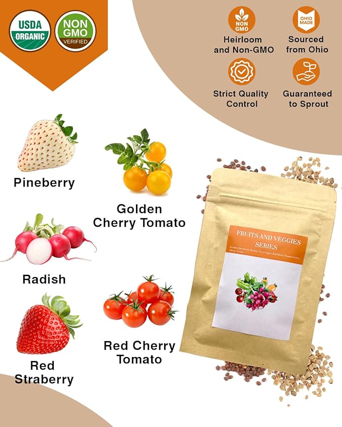 Red Strawberry and Pineberry Seed Pod Kit for AeroGarden, idoo, Ahopegarden with Red Strawberry, Radish, Pineberry,Red Heirloom/Golden Harvest Cherry Tomato - Compatible with All Hydroponics (12-Pod)
