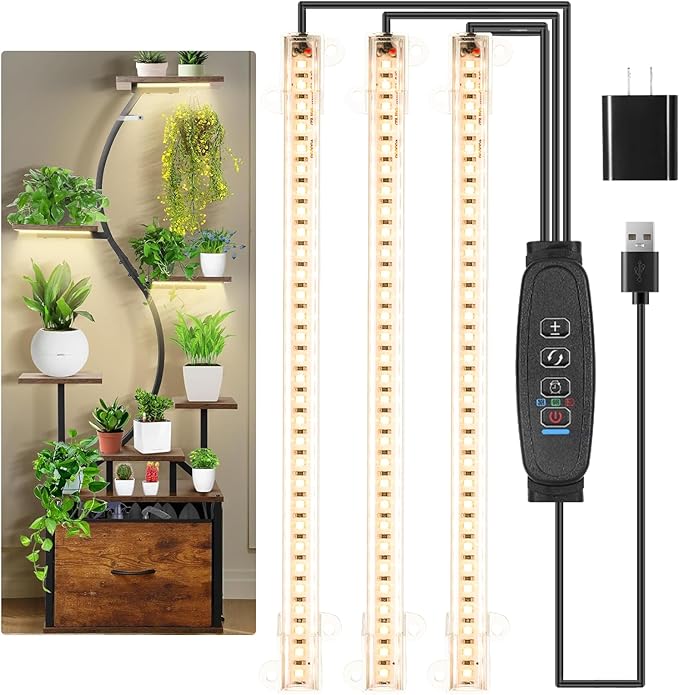 10.2''Grow Light Strips, LED Grow Lamps for Indoor Plants Full Spectrum 3000K, Plant Light Strips with 3/9/12H Timer, 10 Dimmable Levels for Seedling Succulent, Match for Plant Shelf, 3 Head