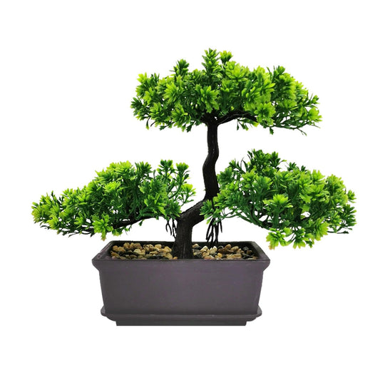 Meluvora 8.66" Artificial Bonsai Tree with Textured Trunk, Broad Canopy and Pebble Base for Bathroom Desk Shelf, Japanese and Zen Decor(Dark Green)