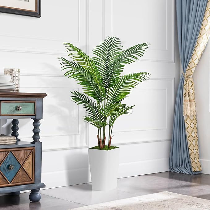 ASTIDY Artificial Palm Tree 5FT - Fake Tree with White Tall Planter - Faux Tropical Areca Floor Plant in Pot - Artificial Silk Plant for Home Office Living Room Decor Indoor