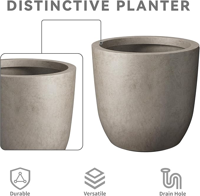 Kante 13.4" Dia Round Concrete Planter, Large Outdoor Modern Indoor Decorative Plant Pots with Drainage Hole and Rubber Plug for Home and Garden, Weathered Concrete