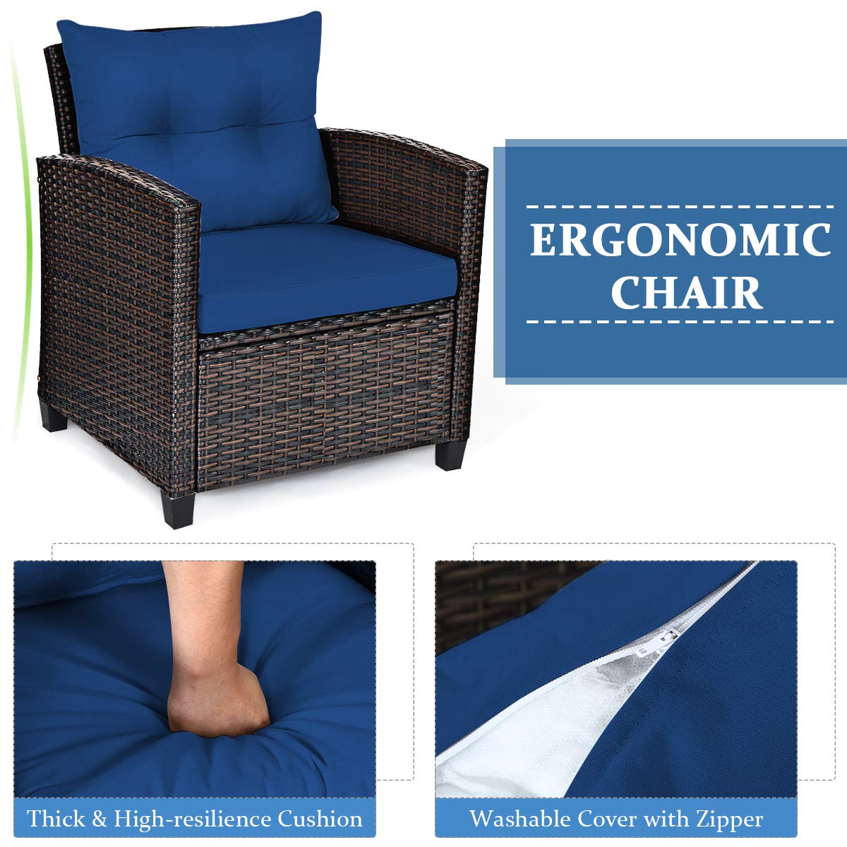 Tangkula 3 Pieces Patio Furniture Set, PE Rattan Wicker 3 Pcs Outdoor Sofa Set w/Washable Cushion and Tempered Glass Tabletop, Conversation Furniture for Garden Poolside Balcony (Blue)