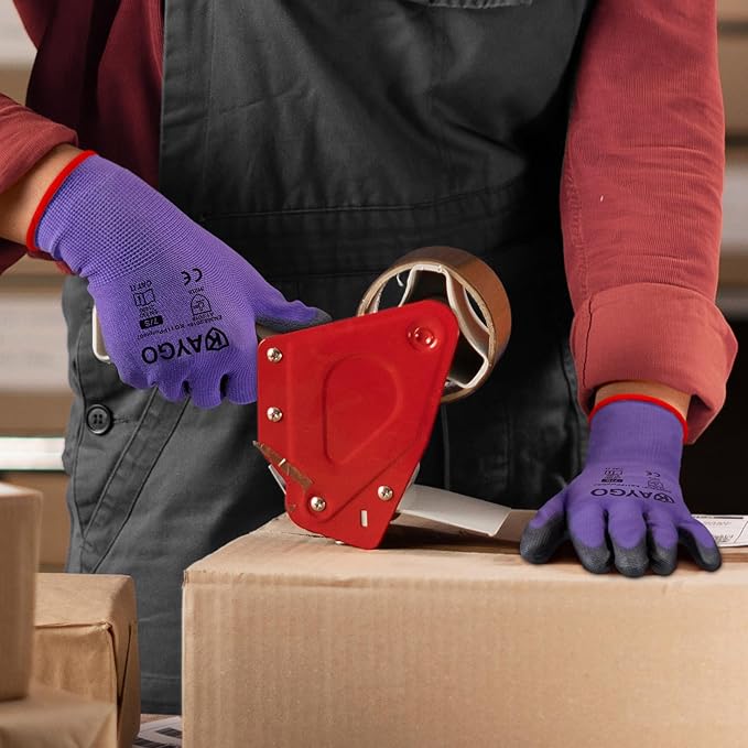 KAYGO Safety Work Gloves PU Coated,12 Pairs KG11PB Seamless Knit Glove for Men and Women, with Smooth Grip on Palm and Fingers, Ideal for General Duty Work (XL, Purple)