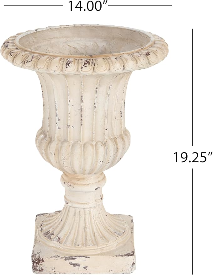 Christopher Knight Home Danny Patio Planter, Light Concrete Planter, Mid-Century Modern Urn, Floral Statue Design, Large Garden Pot, Flower Urn with Drainage Hole for Backyard Home, Antique White