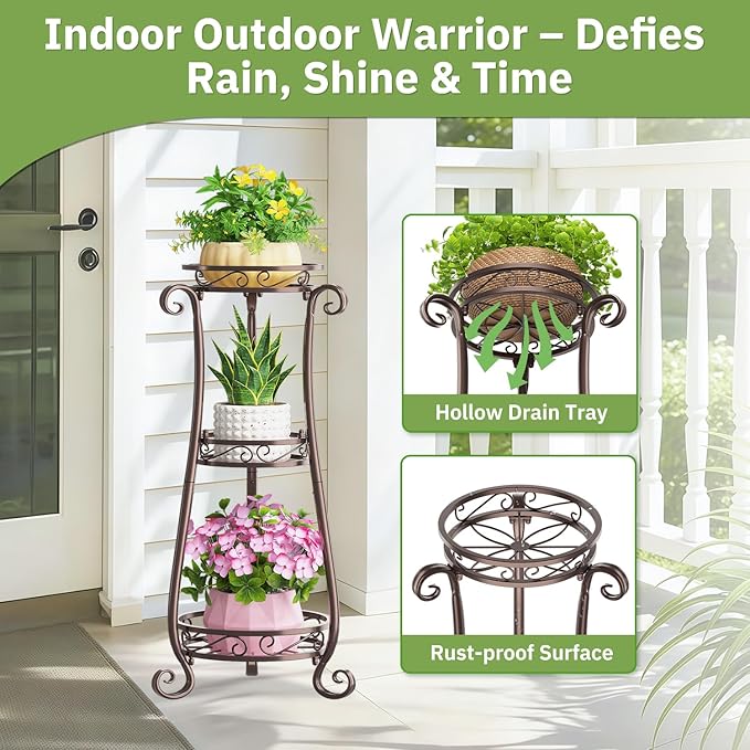 KMOTASUO 3 Tier Metal Plant Stand for Multiple Large Planters Indoor Outdoor Organizer, Heavy Duty Tall Flower Rack for Corner Patio Bathroom Office Corner, Modern Sturdy Vertical Iron Rack, Bronze