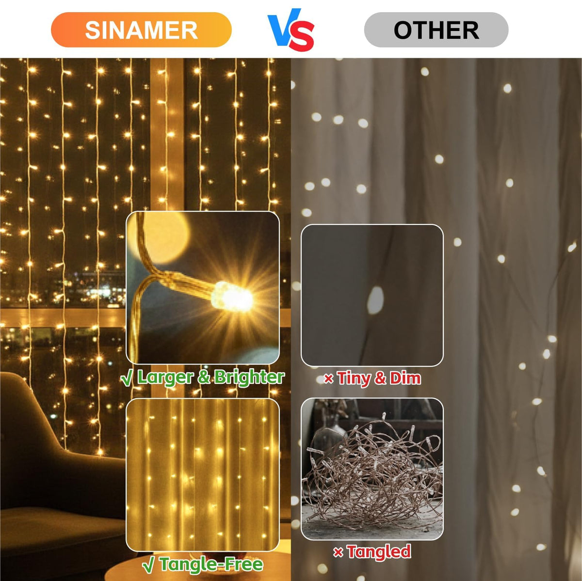 SINAMER Curtain String Light, 300LED 9.8x9.8ft, Remote & 8 Modes, USB