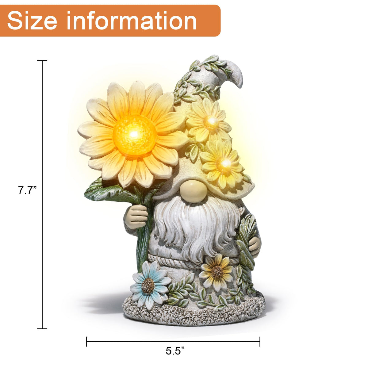 basen Solar Garden Gnome Statue with Glowing Daisy Flower, Outdoor Solar Gnome Figurine Decor for Yard Lawn Patio, Resin Garden Gnome Decoration with LED Light for Garden Landscape Ornament