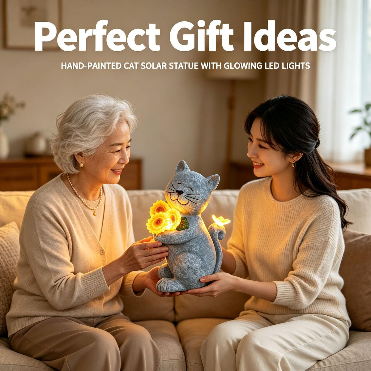 Solar Cat Garden Statue with Sunflowers - LED Light Up Outdoor Resin Cat Figurine with Butterfly, Waterproof Decor for Yard Patio Lawn, Unique Housewarming Birthday Gift for Mom Grandma Dad Cat Lovers