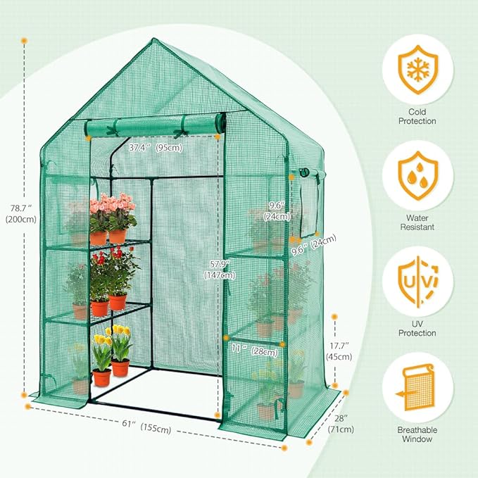 EAGLE PEAK Walk in 3-Tier Greenhouse with Wire Shelves, Portable Indoor and Outdoor Green House with Roll-Up Zippered Door & 2 Roll Up Side Windows, 4 Shelves, 61"x28"x79", Clear/Green PE Cover