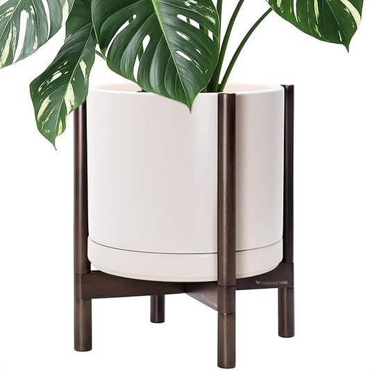 D'vine Dev Ceramic Planter with Walnut Color Stand - 14 Inch Modern Round Flower Pot with Wood Planter Holder, Oatmeal, 55-B-T-8