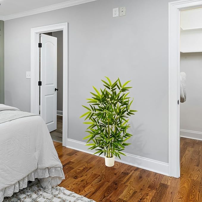 Artificial Bamboo Tree, 4ft Tall Faux Bamboo Plant with White Planter, Fake Trees with 4 Trunks and Lifelike Leaves for Indoor Outdoor Home Office Décor