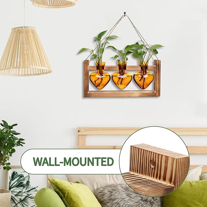 Plant Terrarium Propagation Stations Hydroponics Home Garden Decoration Gift for Women with Wooden Stand Heart Shaped Colored Glass Vase