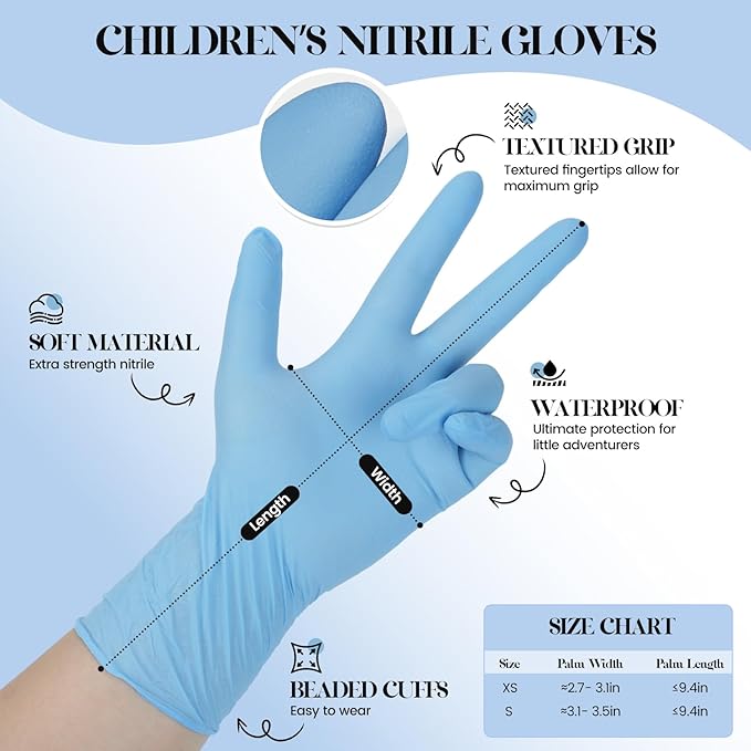 Kids Nitrile Gloves for 6-10 Years, 5Mil Blue Disposable Gloves Latex-Free Powder-Free, Durable and Waterproof for Work, Cleaning, Cooking, Gardening, Painting (S,100PCS)