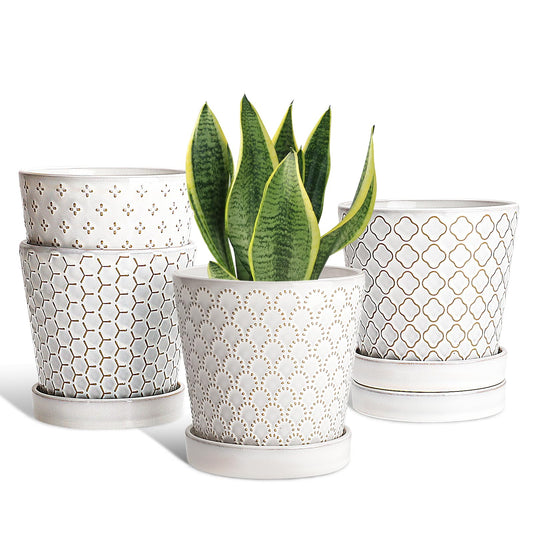 EFISPSS Ceramic Plant Pots Indoor, 5 Inch Planters with Drainage Holes and Ceramic Tray, Relief Design Flower Planter, Desktop Office Windowsill Decoration Gift Set of 4, White