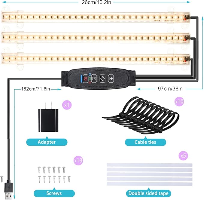 10.2''Grow Light Strips, LED Grow Lamps for Indoor Plants Full Spectrum 3000K, Plant Light Strips with 3/9/12H Timer, 10 Dimmable Levels for Seedling Succulent, Match for Plant Shelf, 3 Head