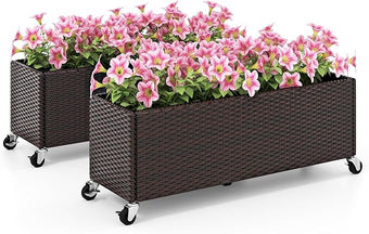 Giantex Set of 2 Wicker Raised Garden Bed with Wheels, 38”x12”x14”, Rectangular Garden Planter Box w/PE Rattan, Liner Fabric, Wicker Patio Elevated Raised Bed for Vegetable Flower Herb Porch Balcony