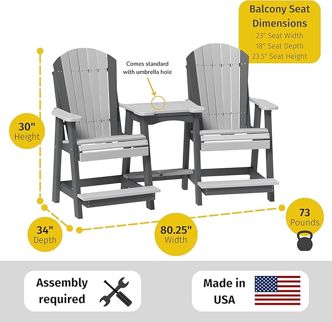LuxCraft Poly Tete-a-Tete Patio Table and Counter Height Balcony Chairs with Umbrella Hole, Weatherproof Outdoor Patio Furniture Set for Outside - Amish Made in USA (Chestnut Brown)