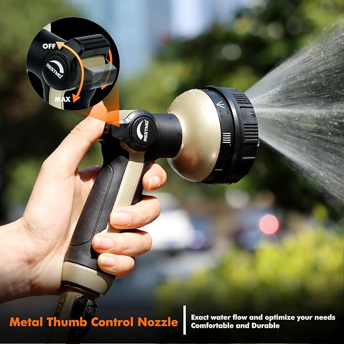RESTMO Full Shower Hose Nozzle, Metal Spray Nozzle for Garden Hose, 8 Spray Patterns, Water Hose nozzle with Thumb Control, Ideal for Outdoor Lawn & Plant Watering, Car & Pet Washing, Bronze