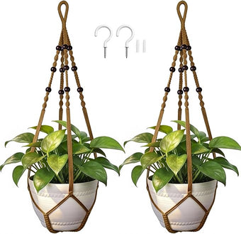 EJGIEGSO Macrame Plant Hanger, Up to 4-15 inch Pots, Wood Beads Cotton Hanging Planter Holder for Indoor Outdoor Boho Home Decor, 35 Inch, Set of 2 (Brown)
