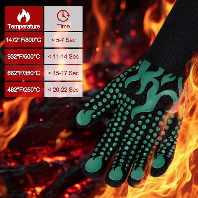 Comsmart BBQ Gloves, 1472°F Heat Resistant Grilling Gloves Silicone Non-Slip Oven Gloves Long Kitchen Gloves for Barbecue, Cooking, Baking, Short, Green