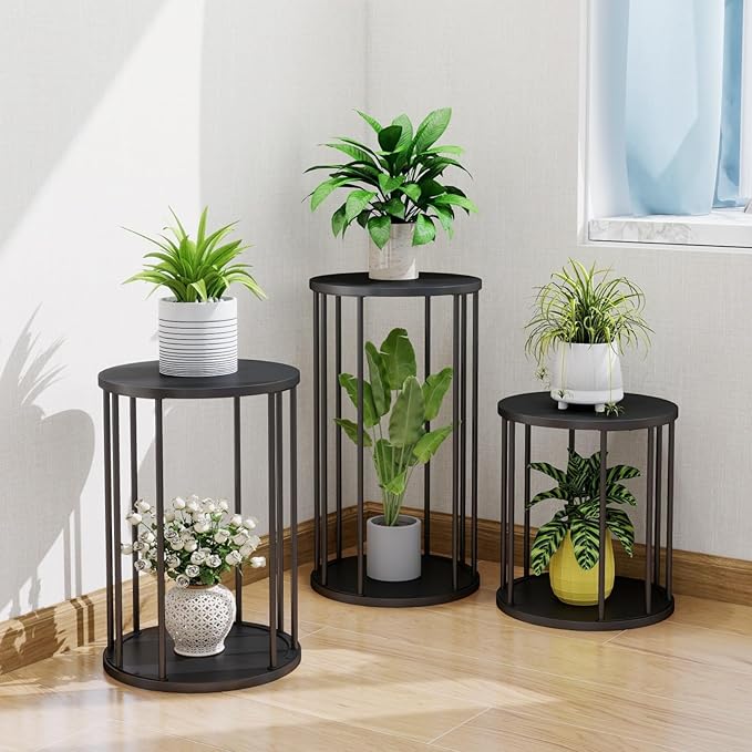 Leinade Plant Stand Indoor,small plant stool,Flower Pot Corner stand holder,Mid Century Heavy Duty Metal Tall Home Decor,Modern Round End Table,Small Rustic Display Stand for Living Room,Bedroom(Black,3 Packs)