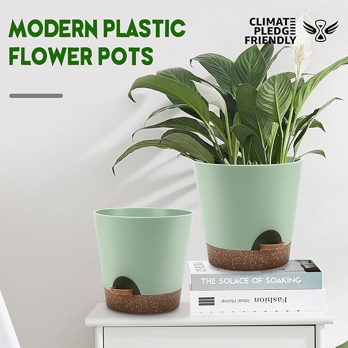 Indoor Self Watering Planters with Drainage Holes and Saucers, 9,8, 7.5 Inches, Green, 3 Pots (Springgreen)