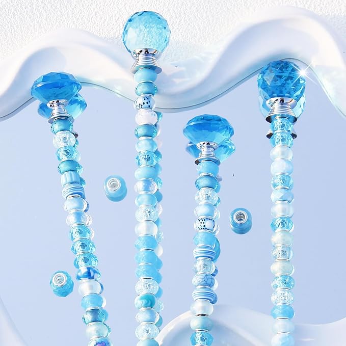 119 Pcs Garden Stake DIY Fairy Wand Plant Stake with Blue Large Hole Beads Crystal Diamond Stopper Top 4 Stainless Steel Threaded Rod Beaded Garden Stakes for Outdoor Indoor Yard Patio Decorations