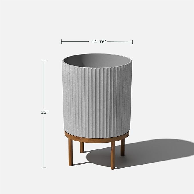 Veradek Demi Series Round Planter w/ Stand for Porch/Patio | Durable Plastic-Concrete & Wooden Stand | Modern Décor for Tall Plants, Flowers