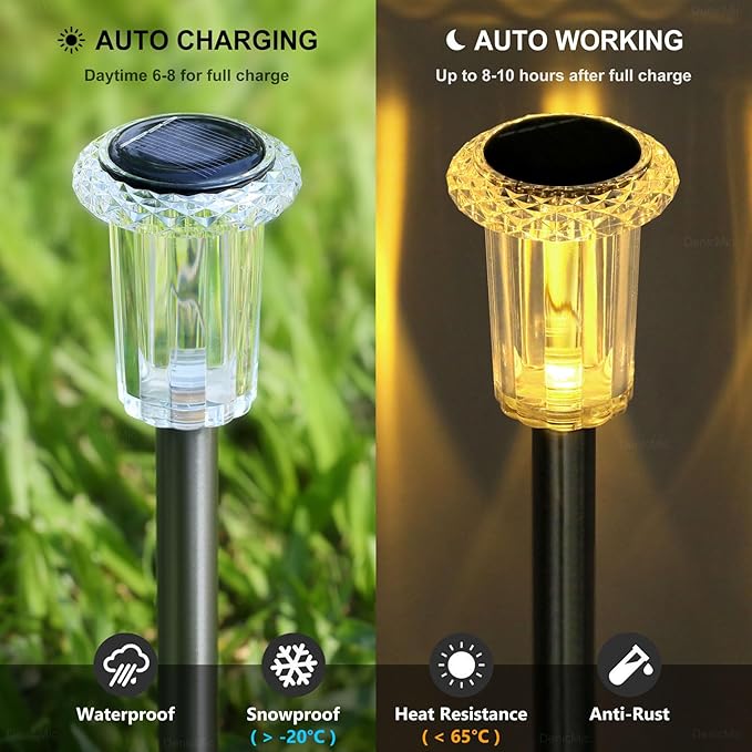 DenicMic Solar Lights Outdoor 15 Pack Waterproof 3000K Warm White LED Stainless Steel Stake Outside Lights for Yard Pathway Garden Driveway Walkway Landscape Path Lighting