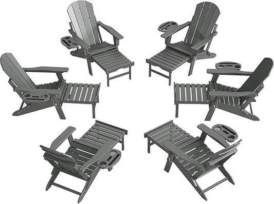 Adjustable Adirondack Chair with Retractable Ottoman Set of 6, HDPE Folding Adirondack Chair with Cup Holder, All Weather Fire Pit Chair for Outdoor.