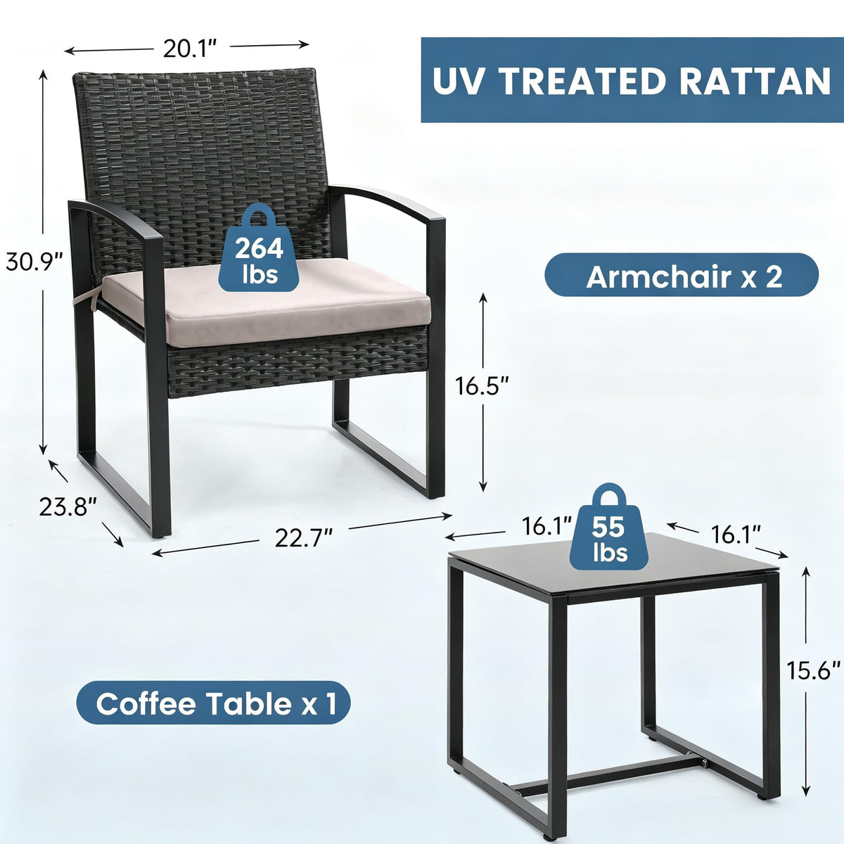 Murago 3-Piece Wicker Patio Bistro Set, Patio Conversation Set