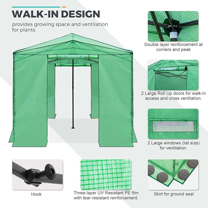 EAGLE PEAK Instant Pop-up Greenhouse, Indoor Outdoor Plant Gardening Green House, Roll-Up Zipper Doors & Side Windows - Winter Support Pole, Walk in 12x8 ft, Green/Clear