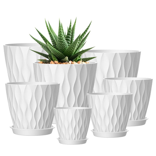 SQKH 4/4.5/5/5.5/6/6.5/7 Inch Plant Pots,7 Pack Flower Pots with Drainage Holes and Trays,Plastic Planters for Indoor Outdoor Plants Growth,White