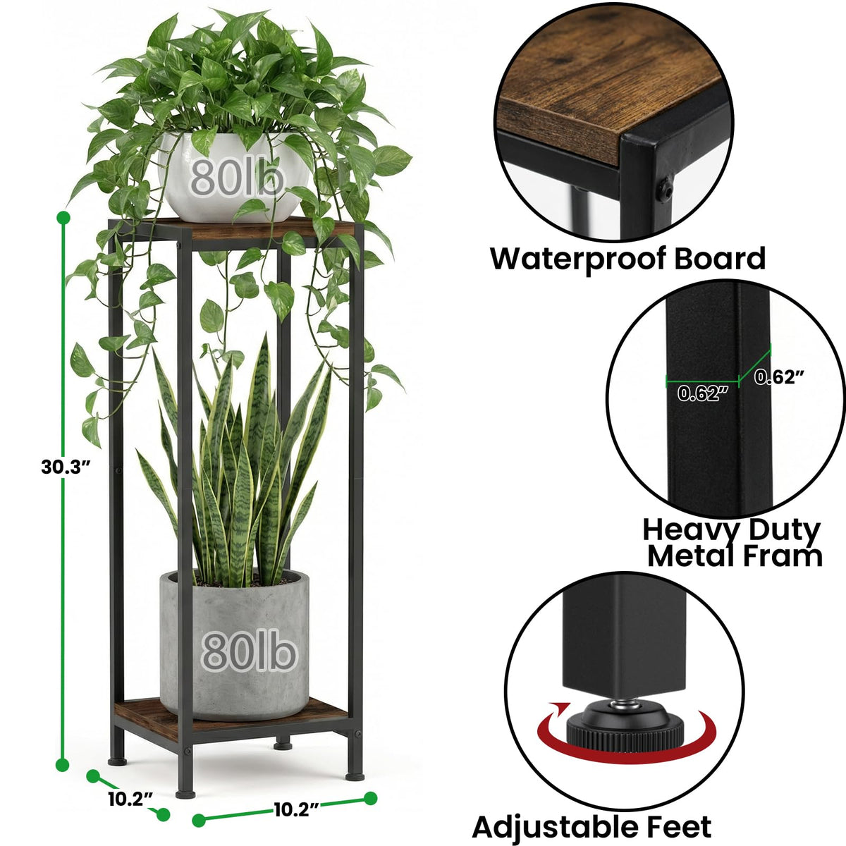 TOSKING 2-Tier Tall Wood Plant Stand Indoor, 30-Inch Shelf, Brown & Black