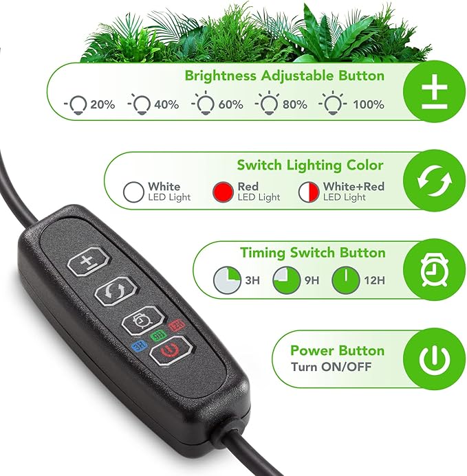 GROWSTAR Plant Lights for Indoor Growing, Full Spectrum 4 Heads Clip Grow Lamps with 10 Feet Cables for Houseplants, Auto On Off Timing 3 9 12Hrs(2 Pack)