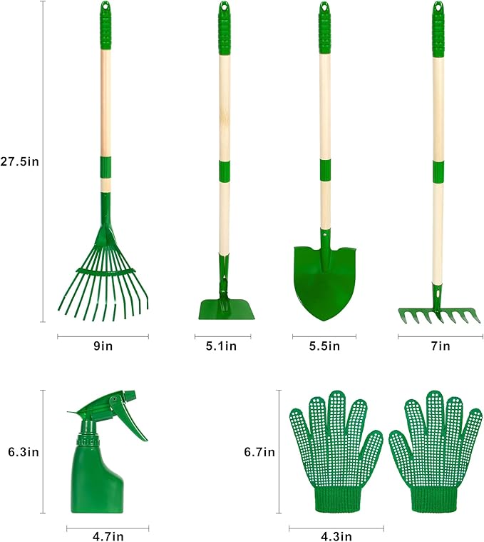 Duckura Kids Gardening Tools Set - 7pcs Garden Tool for Kids with Shovel, Rake, Hoe, Leaf Rake, Outdoor Summer Yard Lawn Digging Weed Toys, Christmas Birthday Gifts for Boys Girls Age 3 4 5 Years Old