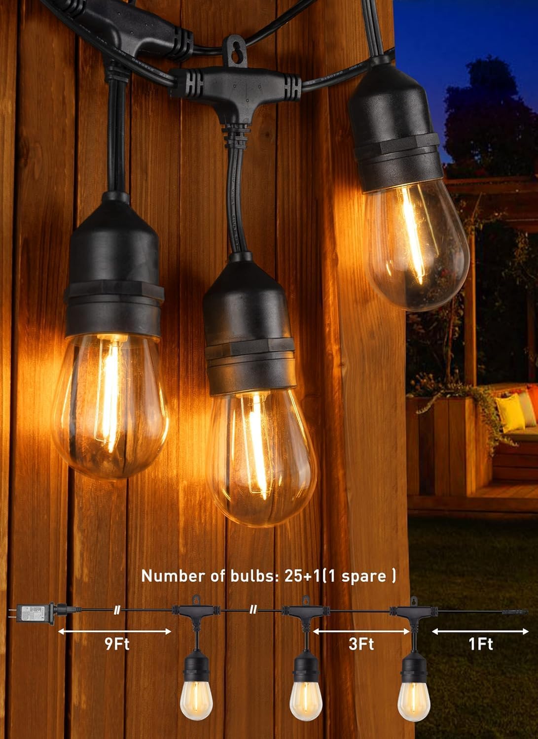 Brightown 82FT Outdoor String Lights - 25 LED Bulbs Patio Lights with Remote, Timer, Dimmable, Waterproof Connectable Hanging Outside Lights for Backyard Bistro Porch Deck Party Wedding