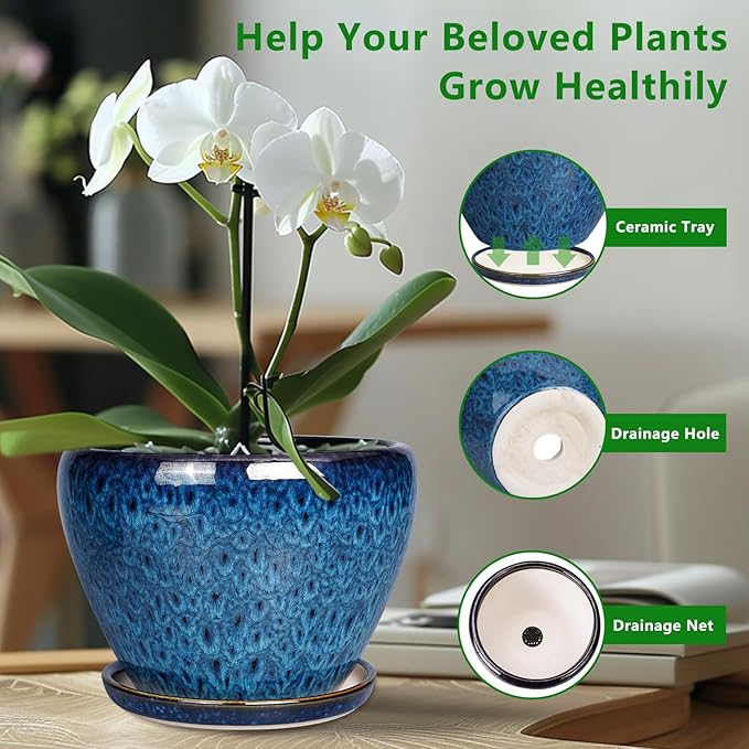 10 Inch Ceramic Planter Pot, Ceramic Plant Pot for Indoor Outdoor Plants, Large Flower Pot with Drainage Hole and Saucer, Blue