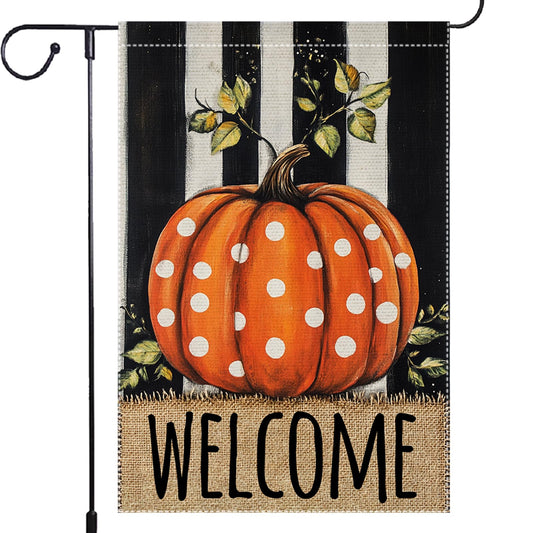 Welcome Fall Garden Flag Polka Dots Pumpkin Thanksgiving Garden Flags For Outside Burlap Decor, Double Sided Vertical Autumn Decor Patio Lawn Yard Outdoor Decoration 12x18 Inch