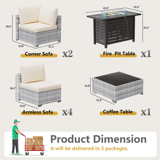 LOUVIXA 8 Piece Outdoor Patio Furniture Set, Outdoor Sectional Sofa with Firepit Table, Wicker Rattan Patio Furniture, Patio Conversation Set with Coffee Table & Cushions