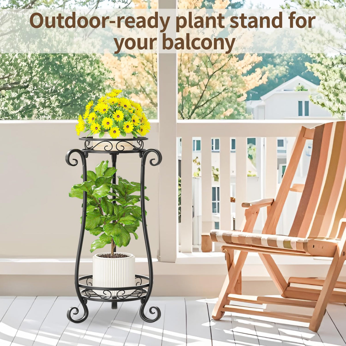 LASZOLA Metal Corner Plant Flower Stand Tall Indoor Outdoor, 2 Tiers Black