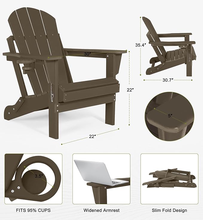 Folding Adirondack Chairs - Plastic Adirondack Chairs with Cup Holder, Weather Resistant for Outdoor, Patio, Lawn, Garden, Backyard Deck, Fire Pit - Dark Brown