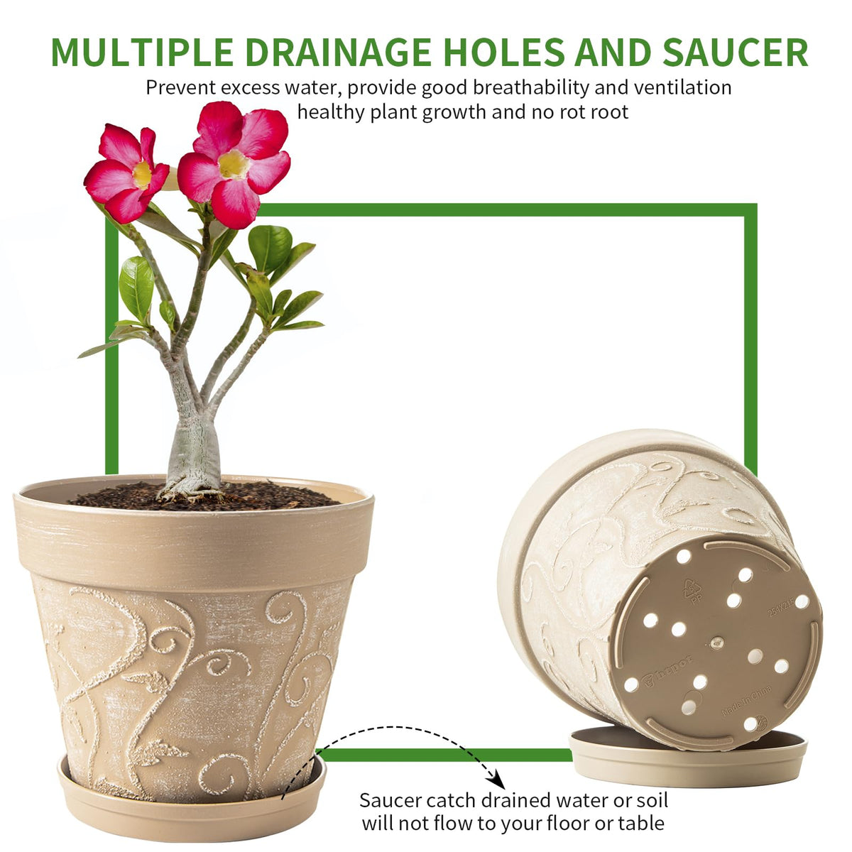 Melphoe Plant Pots Indoor with Drainage & Saucer, 2Pack 10 inch Flower Pots Outdoor Planters for Indoor Plants Garden Home Decor Cactus Succulent, Rigid Plastic (Imitation-Terracotta) Vine-Embossed