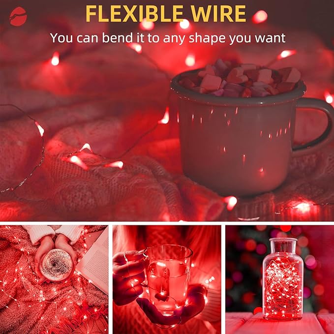 LAMPHOME 20 Pack red Valentine Day Fairy Lights, Battery Operated String Lights, 20 LED on 6.6FT Copper Wire Firefly Fairy for Galentine's Day Decoration Wedding Party Mason Jar Christmas Bedroom