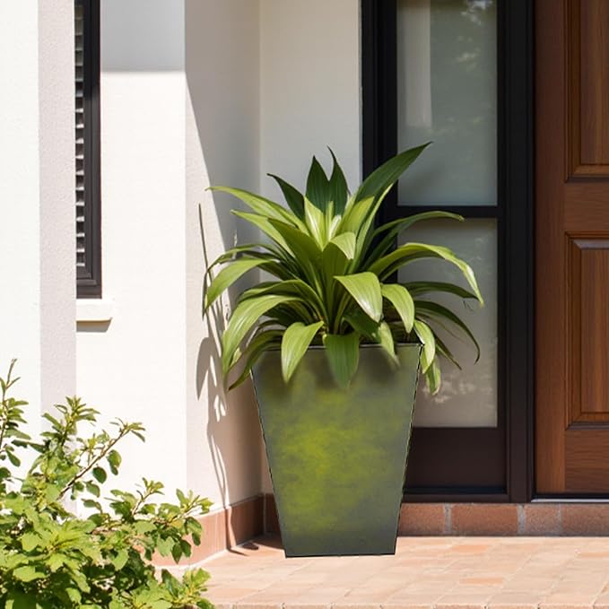 Worth Garden Large Metal Glazed Floor Planter Set of 2-14" Dia x 18" H - Luxurious Glossy Finish Green Tall Square Tapered Steel Plant Pots, Decor Flower Pot Indoor & Outdoor, Drainage Hole
