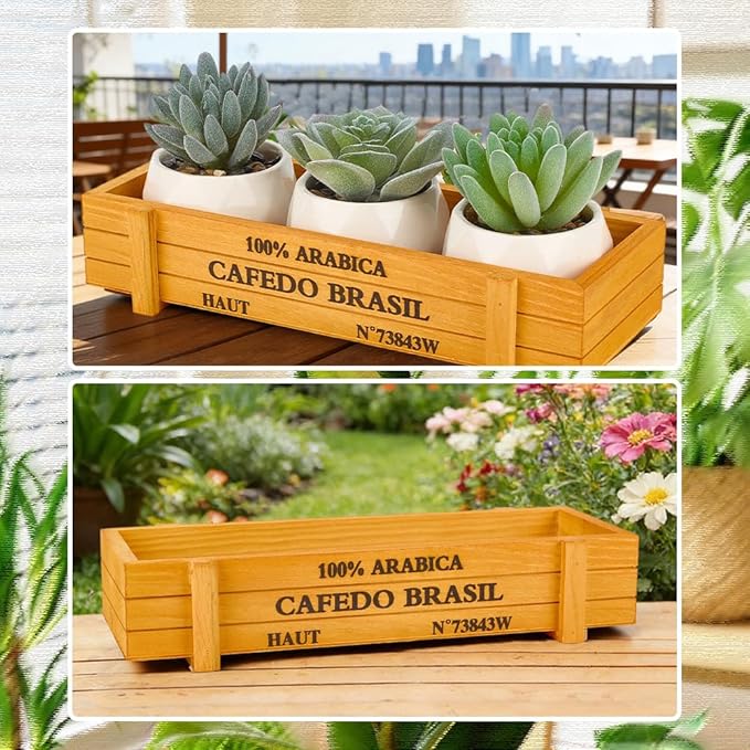 2Pcs 8.4 x 3.1 x 1.8 Inch Wooden Rectangular Planter Box Wood Flower Succulent Box Words Wood Yellow Rustic Indoor Outdoor Window Gear Storage Garden Boxes Container for Vegetable