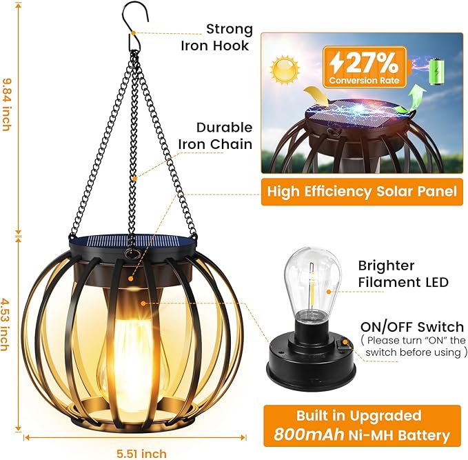 Solar Lanterns Outdoor Waterproof 2 Pack, 14.37" Metal Hanging Solar Lights for Outside with Auto On/Off & Hook - Brighter Hanging Outdoor Lanterns Decorative Lighting for Garden Patio Yard
